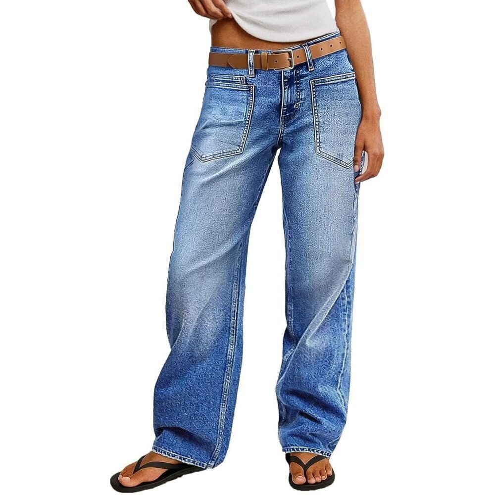 Women Straight Leg Jeans Mid Rise Stretchy Patch Pockets Casual Baggy